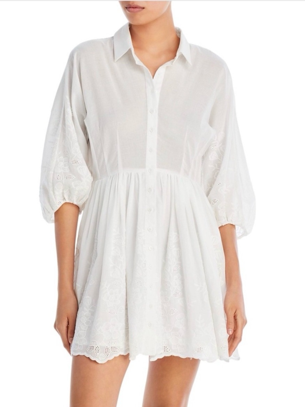 Aqua & Christopher Brock Floral Embroidered Eyelet Mini Shirt Dress White Sz S